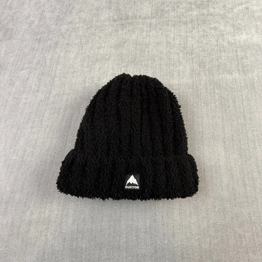 Burton Plush Beanie Black Fleece Cuffed Winter‎ Hat 23421 Mountain Logo Patch